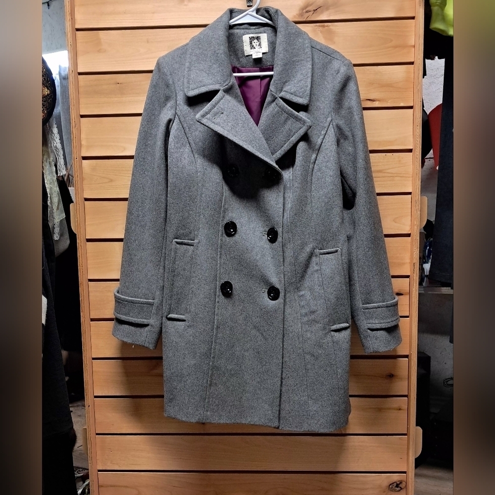 Anne Klein Charcoal Double-Breasted Pea Coat - Picture 3 of 5